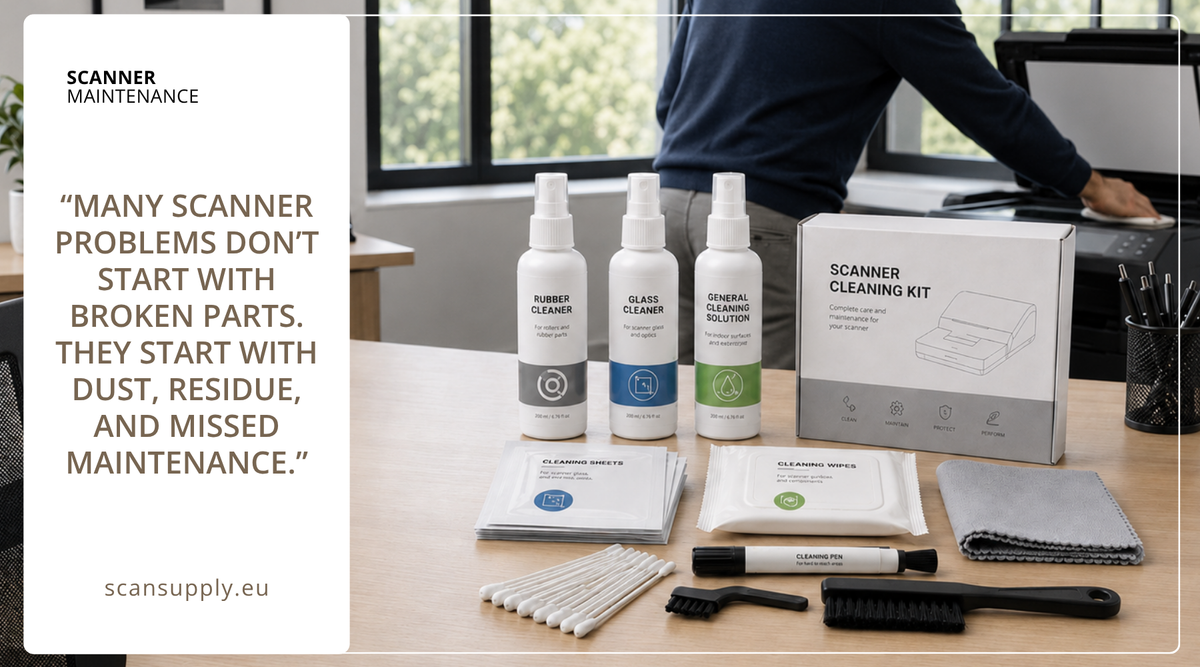 Scanner cleaning kit with bottles, cloths, and tools on a desk.